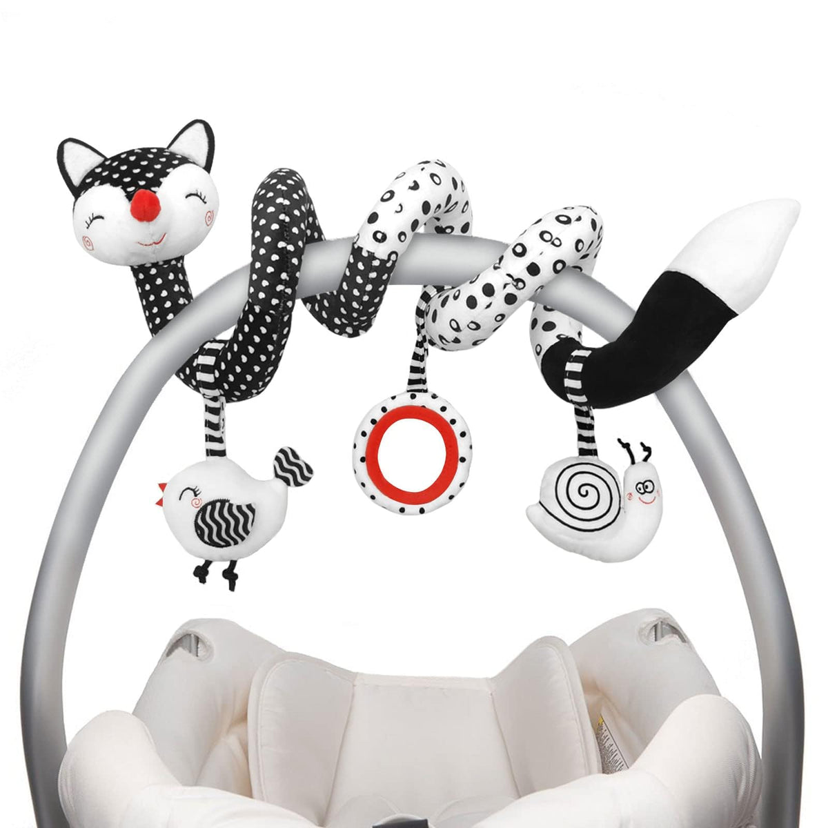 XIXILAND baby spiral plush toy in black and white for newborn visual development.