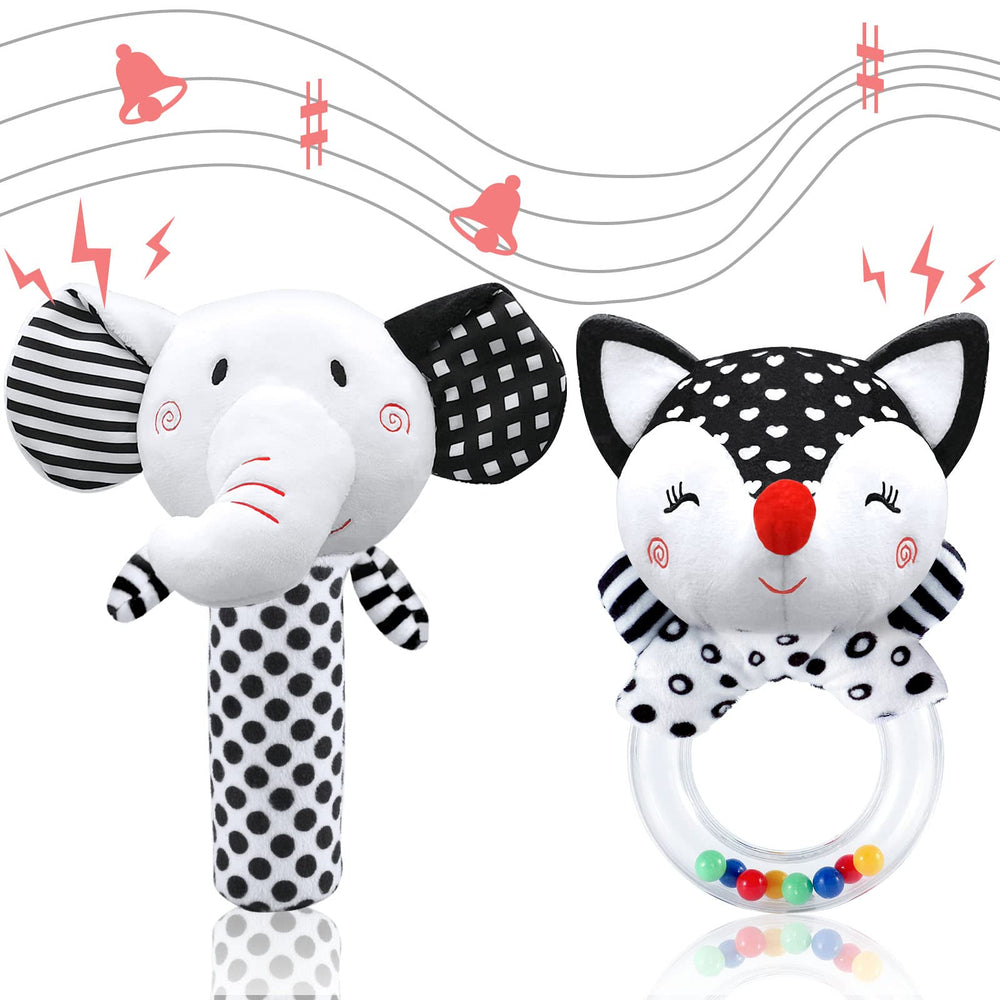 XIXILAND elephant rattle in black and white supports visual tracking and tactile exploration.