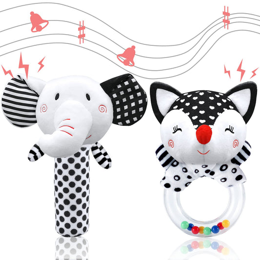XIXILAND elephant rattle in black and white supports visual tracking and tactile exploration.