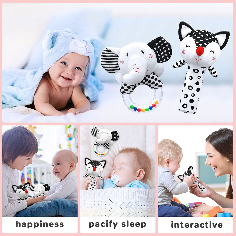 XIXILAND elephant rattle with plastic rings creates gentle sounds that promote early auditory awareness.