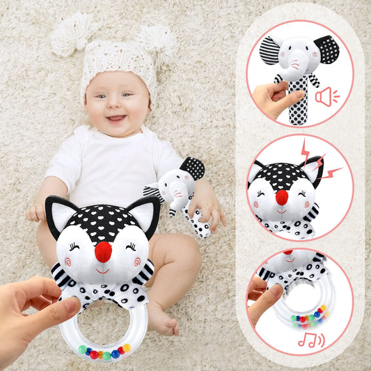 XIXILAND fox rattle in black and white encourages auditory stimulation and grasping.