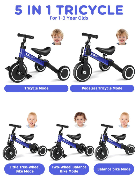 XJD 5-in-1 blue front view illustrates safe, sturdy frame.