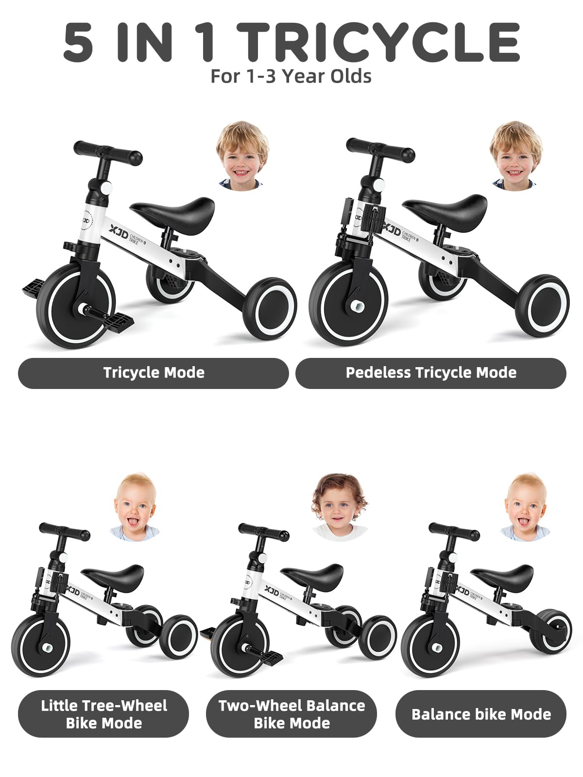 XJD 5-in-1 toddler bike side view showing adjustable seat for growing kids