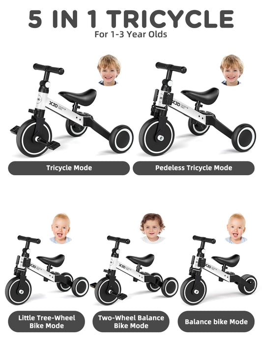 XJD 5-in-1 toddler bike side view showing adjustable seat for growing kids