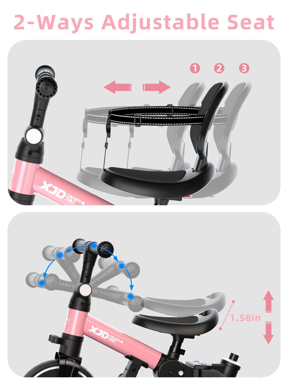 XJD toddler bike adjustable seat adapts to growing children.