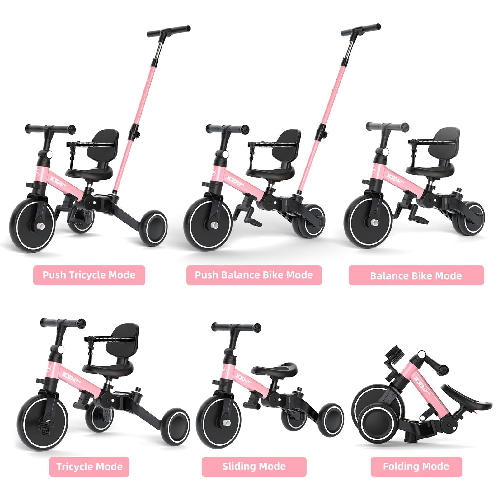 XJD toddler bike with push handle for parent-guided learning.