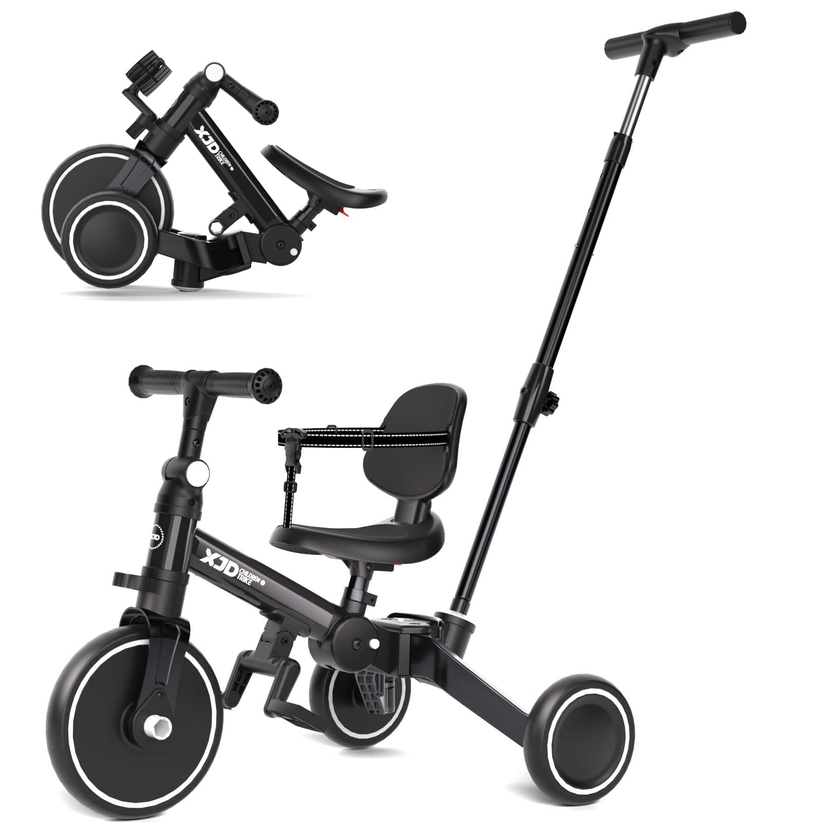 XJD toddler bike with push handle for easy parent guidance and control.