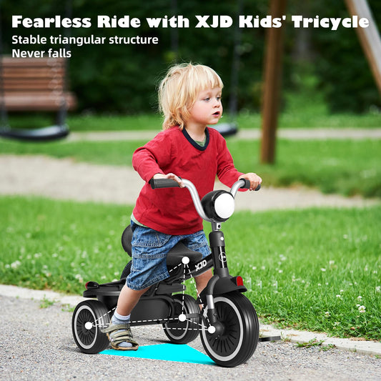 XJD toddler tricycle with adjustable saddle supports growing children.