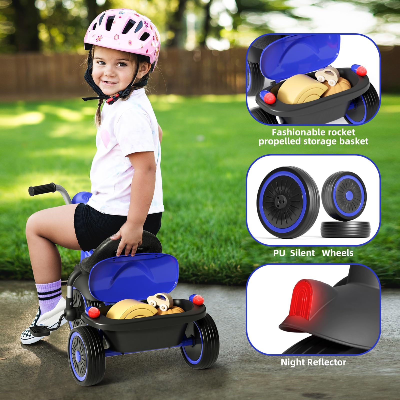 XJD toddler tricycle blue adjustable saddle supports growing children for longer use.