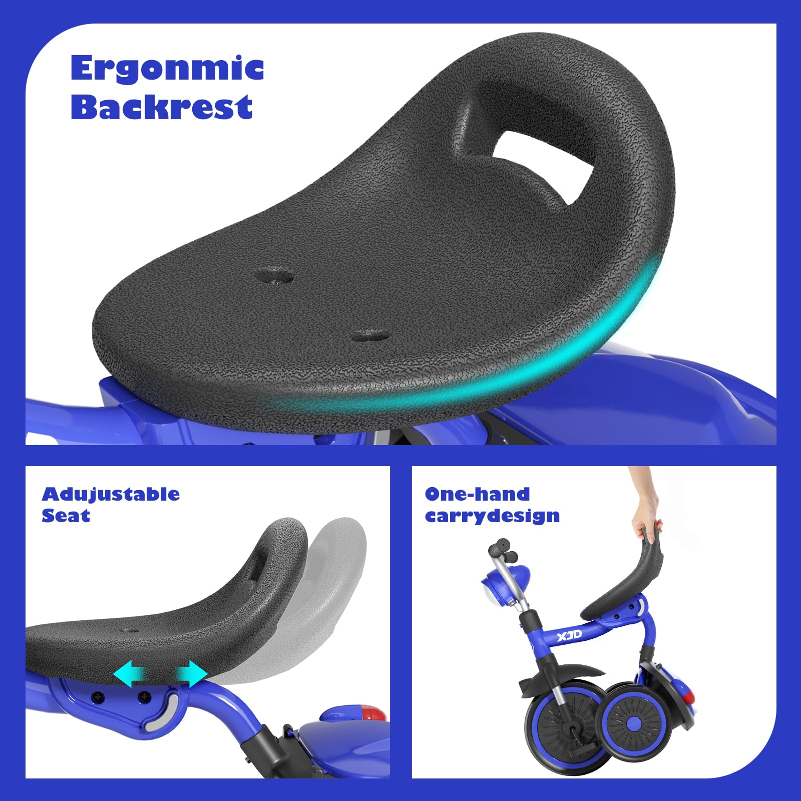 XJD toddler tricycle blue dimensions show ideal size for young riders.