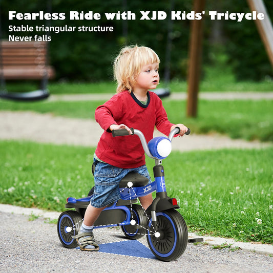 XJD toddler tricycle blue folded view demonstrates compact, easy-to-store design.