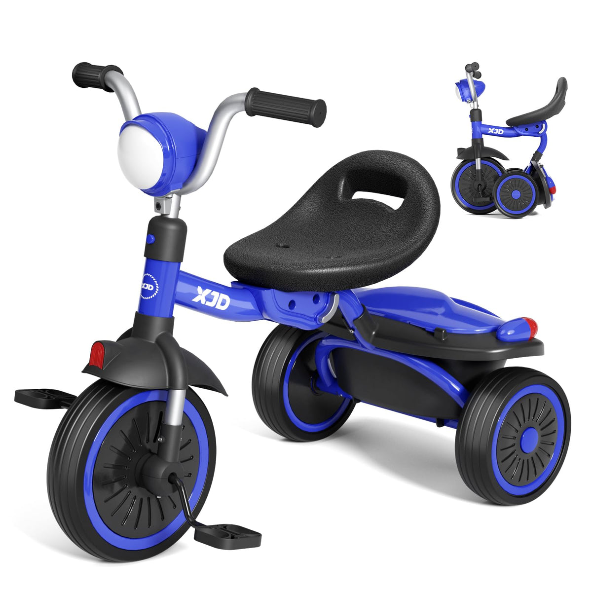 XJD toddler tricycle blue front view shows a sturdy frame for safe, stable rides.