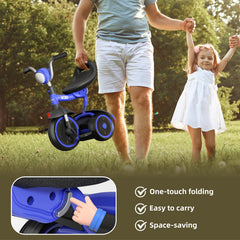 XJD toddler tricycle blue non-pneumatic tires provide steady traction on sidewalks.