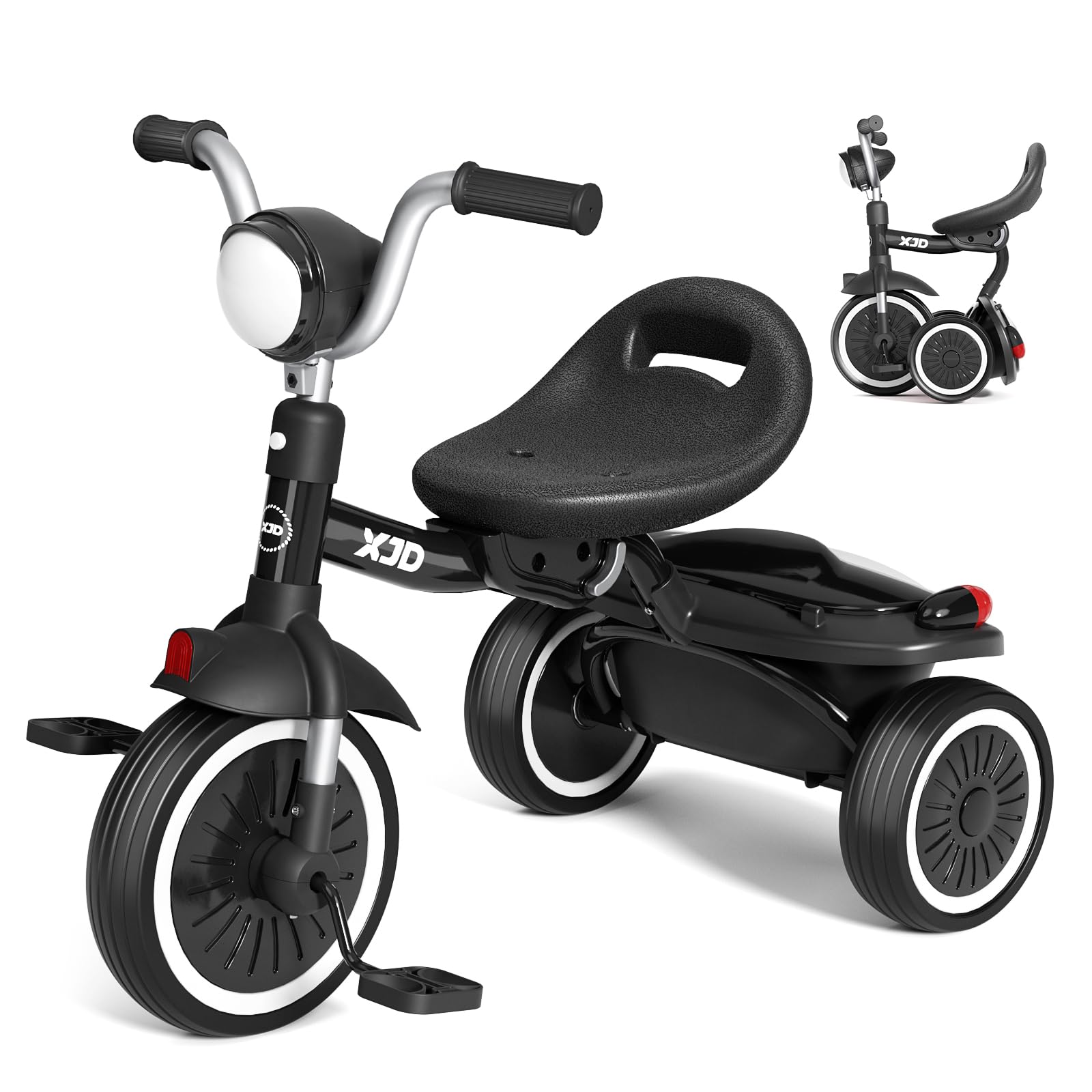 XJD toddler tricycle folded for compact storage and easy transport.