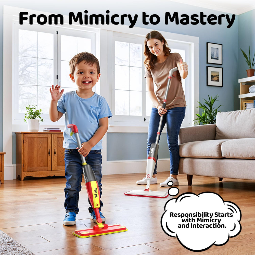 Xlife Kids Spray Mop Set encourages Montessori-style responsibility and teamwork.