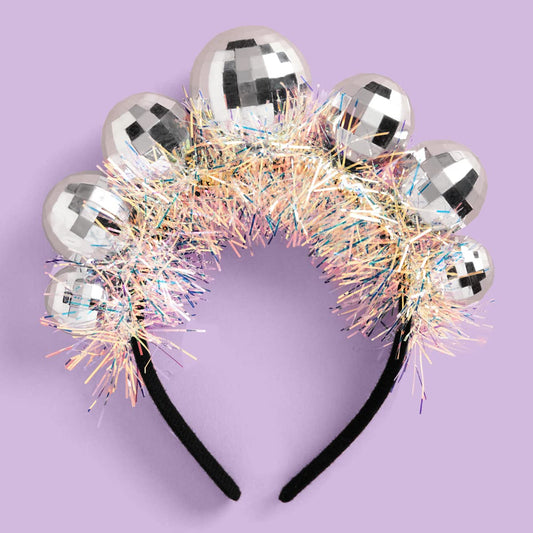 xo Fetti disco ball headband front view with five shimmering balls for party flair.
