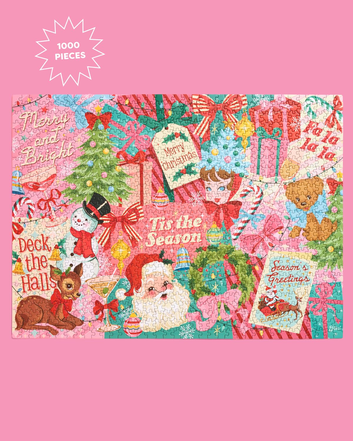 xo, Fetti Pinkmas puzzle completed on coffee table as a festive centerpiece