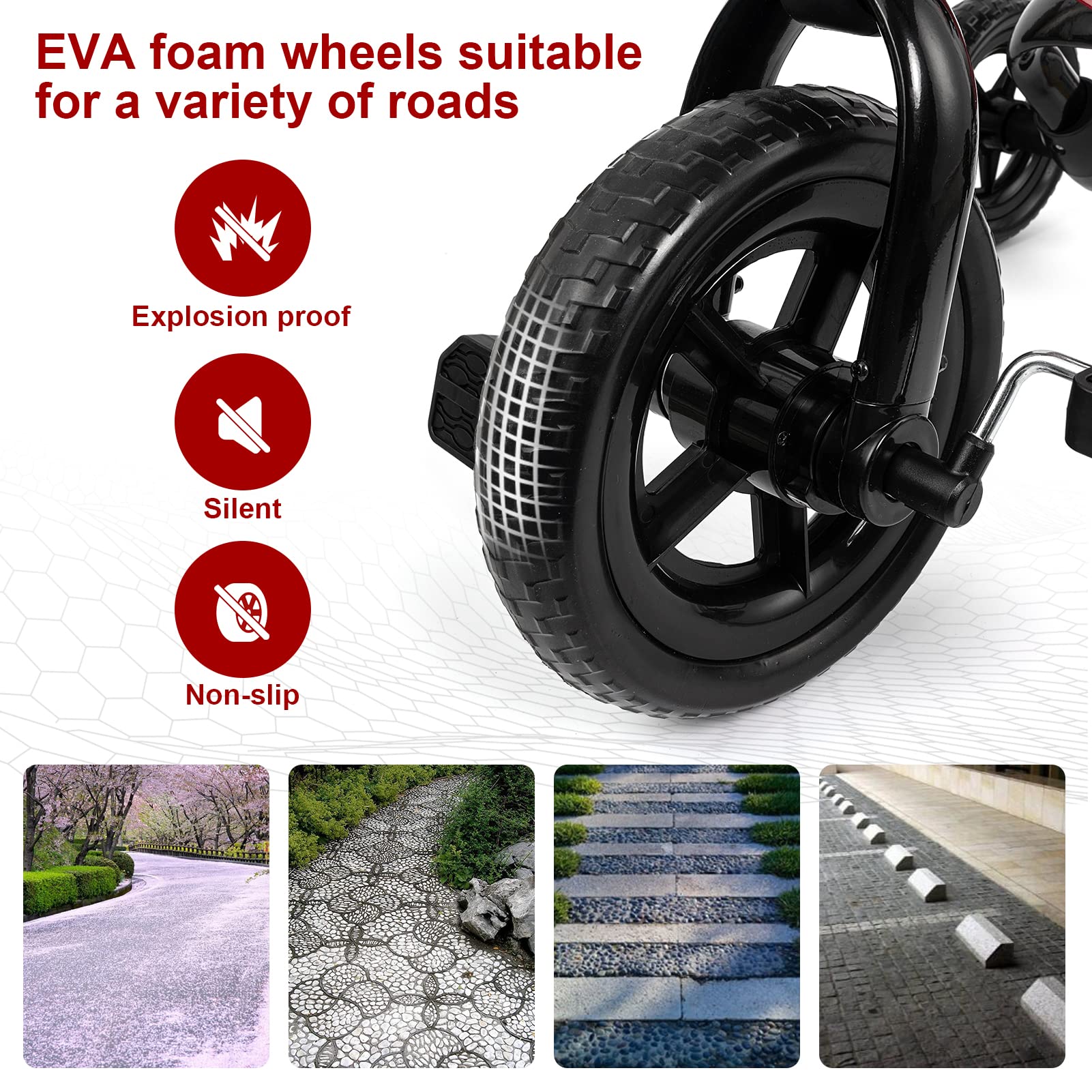 XPIY Tricycle EVA-wheels red emphasize puncture-resistant, smooth indoor-outdoor trips