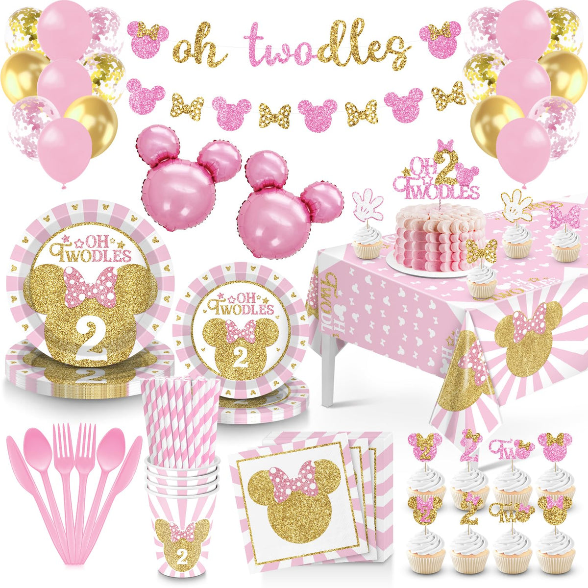 XSOOH Oh Twodles banner improves pink-gold party backdrop with playful birthday vibes.