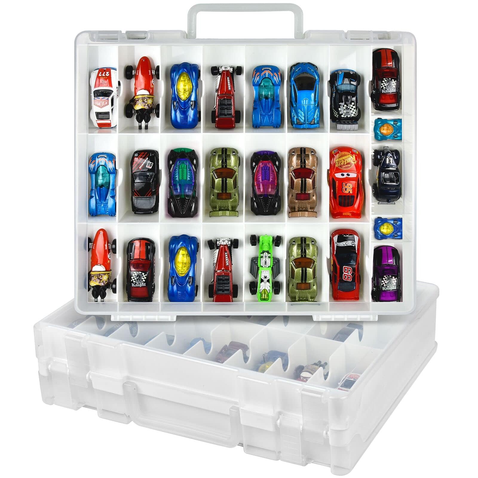 Xuerdon toy car storage organizer front view keeps 48 compartments neatly organized.