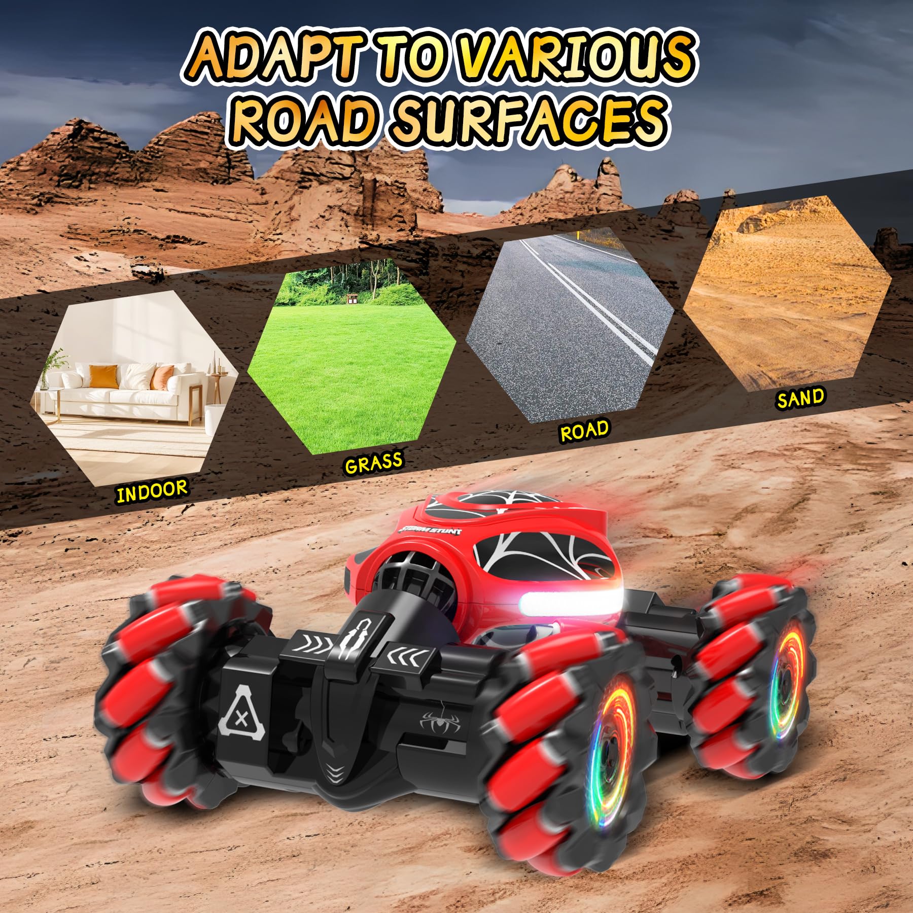 XUERENTECH Spider Gesture RC Car LED lights and music enhance playtime in dim rooms.