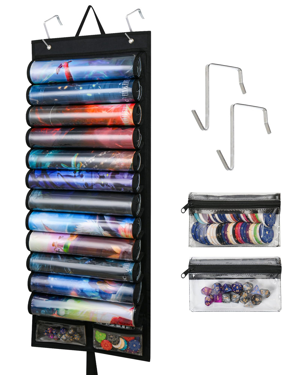 XUJKK Playmat Holder overview with twelve-mat capacity and clear slots.