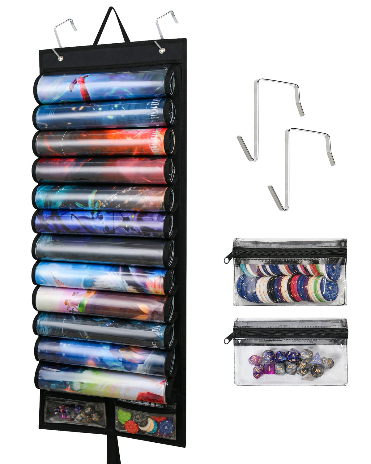 XUJKK Playmat Holder overview with twelve-mat capacity and clear slots.
