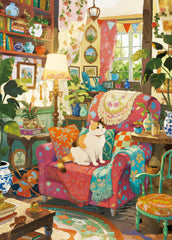 XURLEQ Cozy Room puzzle cat on bookshelf scene, ideal for calm evenings.