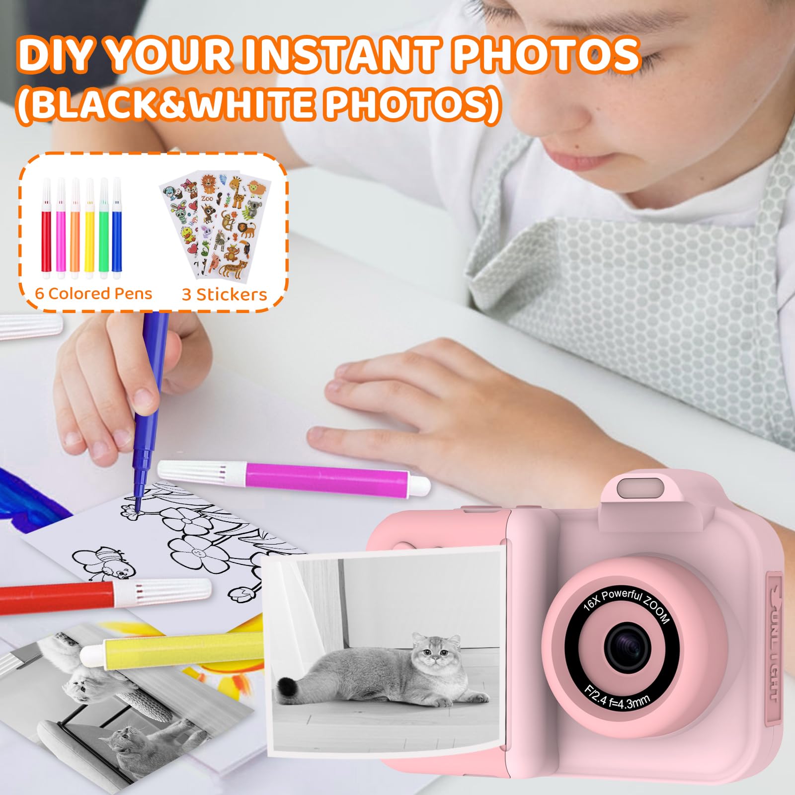 Xuweicn Kids Camera Accessories Kit adds pens, stickers, and lanyard for creativity.