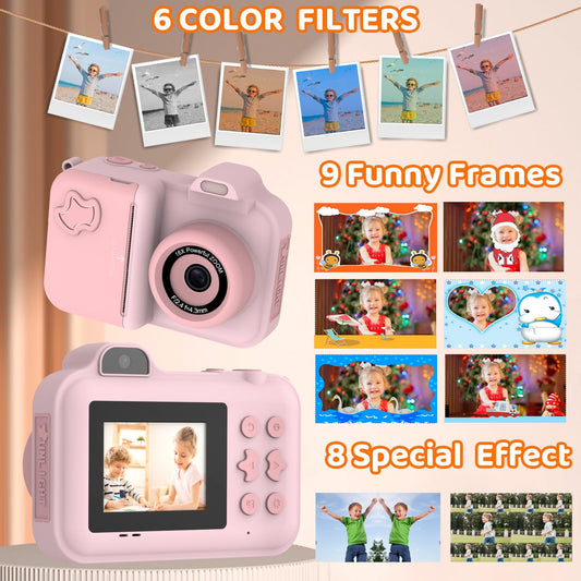 Xuweicn Kids Camera Dual-Lens Selfie highlights front and back lenses for selfies.