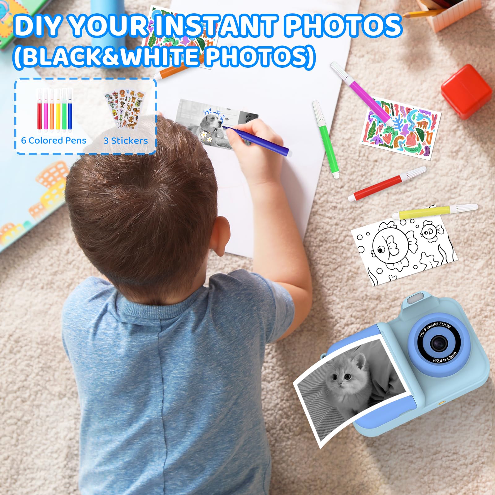 Xuweicn Kids Camera Instant Print packaging box showcases gift-ready presentation.