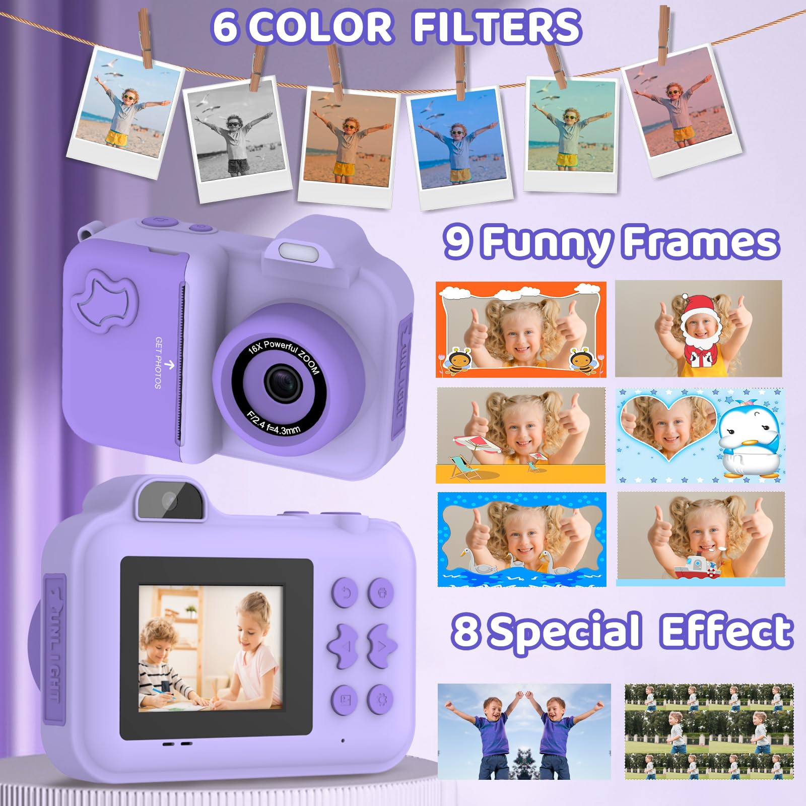 Xuweicn kids camera back view shows rear lens and controls