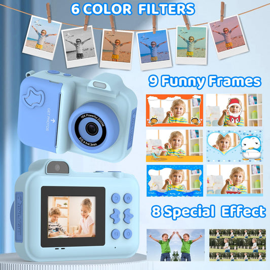 Xuweicn Kids Camera Instant Print rear view demonstrates dual lenses for selfies.