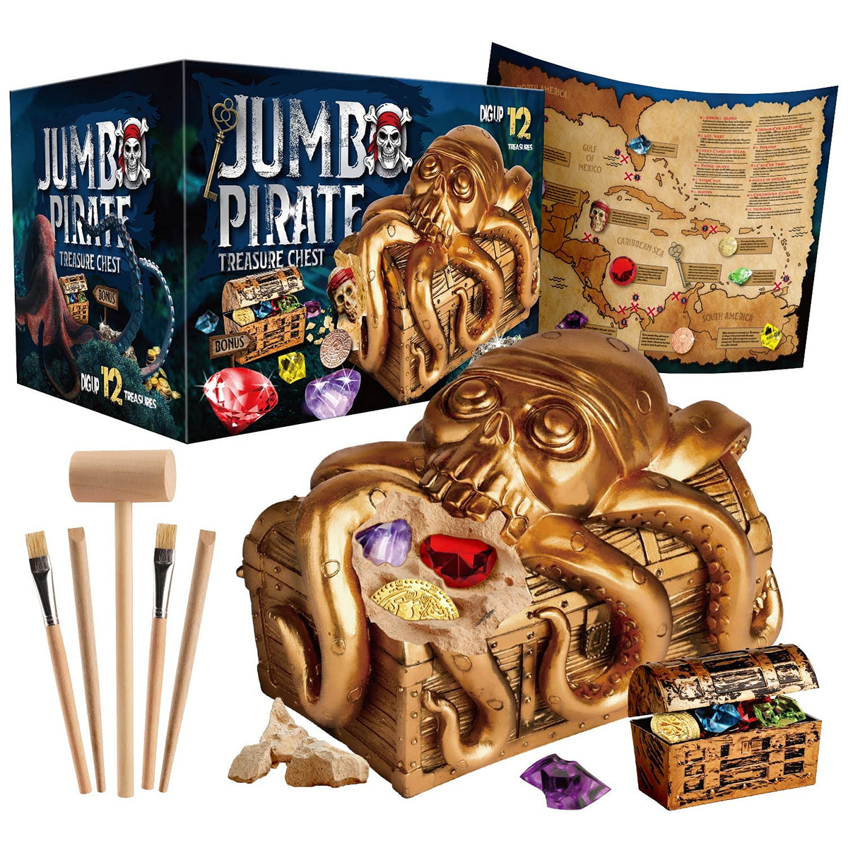 XX Jumbo Pirate Dig Kit treasure chest revealed with gems and coins for imaginative play