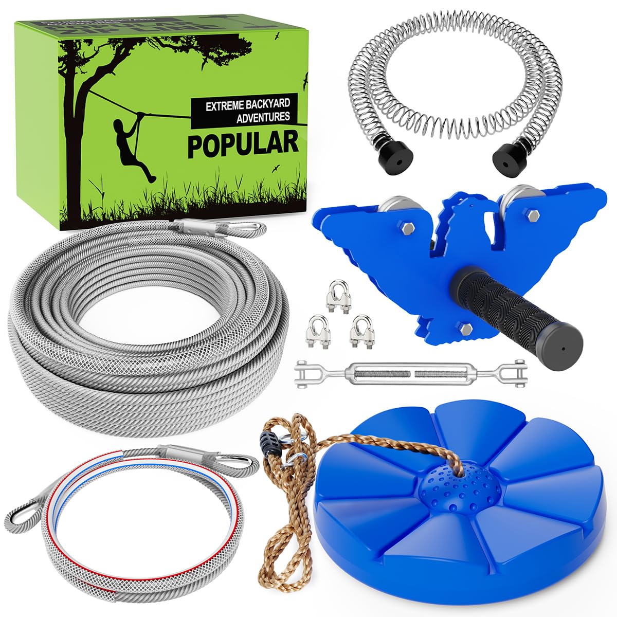 XXBEN Zip Line Kit backyard setup showing sturdy 98ft cable and kids enjoying safe ride