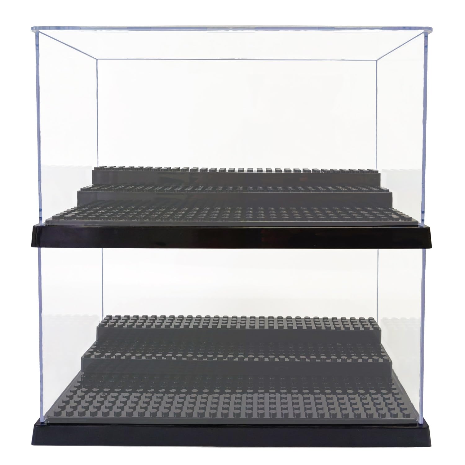 XXINSHI minifigure display case with black base protects figures from dust while on display.