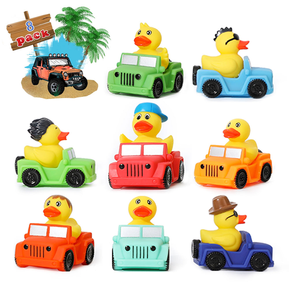 XY-WQ Jeep Duck group shot showing eight vehicle-shaped bath toys for kids.