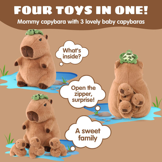 XYHQYB capybara plush mommy with babies back view, full family detail