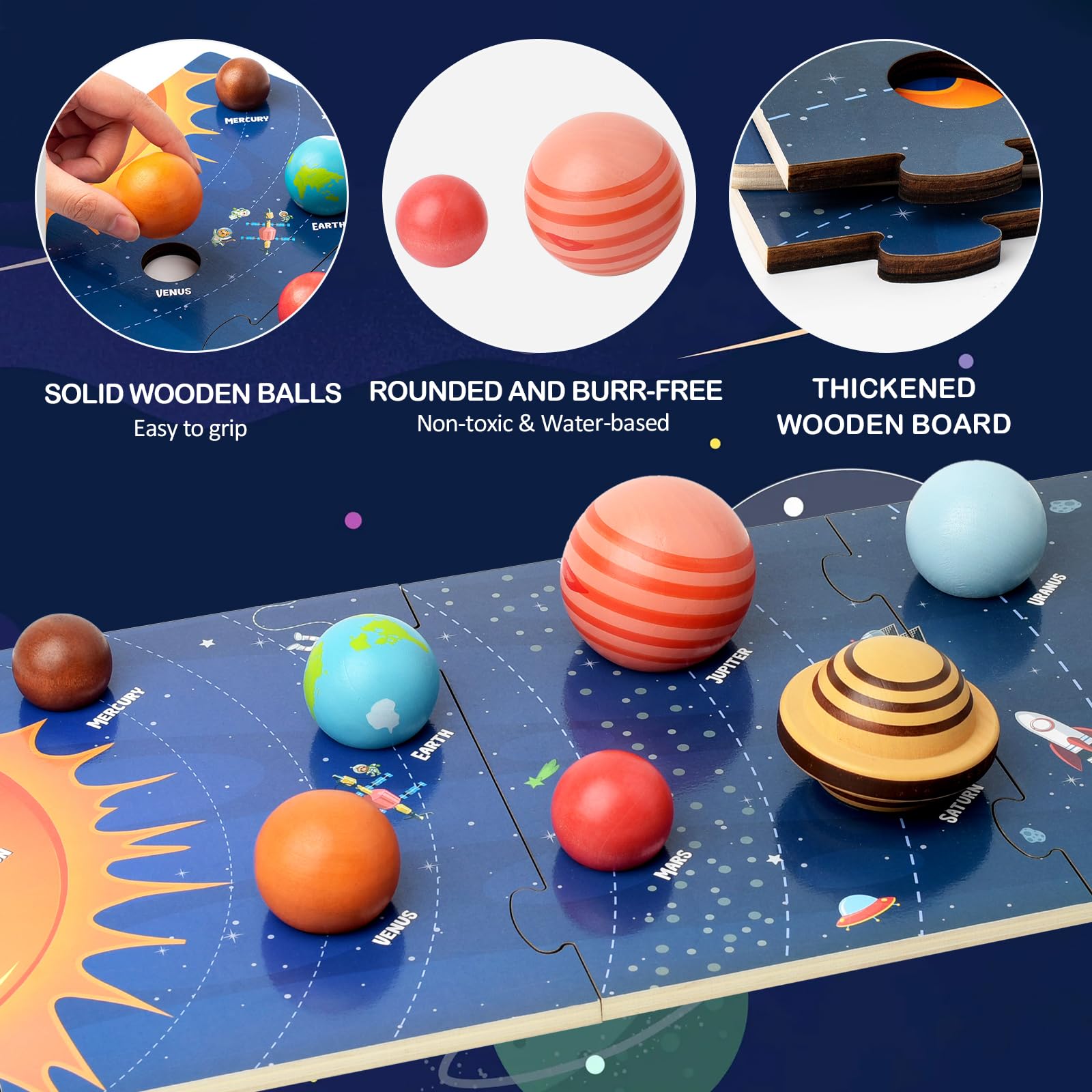 Xylolin planet wooden balls including Earth, Mars, Jupiter for tactile space learning