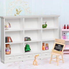 XYMTOY dollhouse bookshelf drawer-open shows functional storage in 1:12 scale