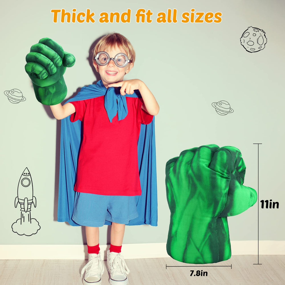 XYMTOY green superhero gloves worn during costume fun.