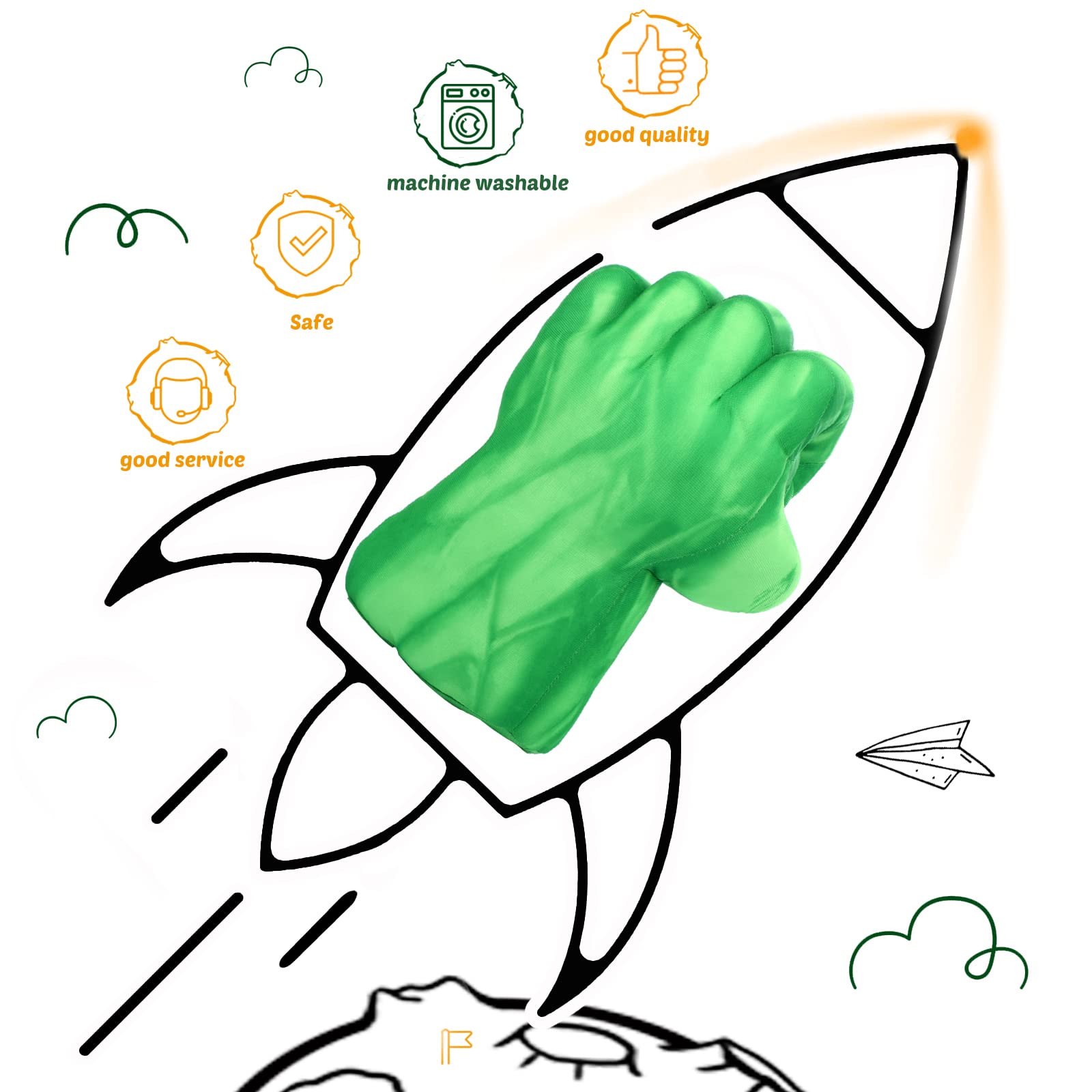 XYMTOY green superhero gloves worn by a child during active pretend play