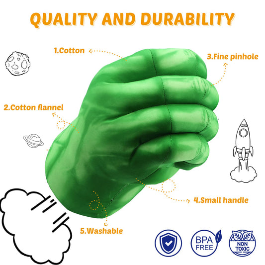 XYMTOY soft Lycra outer material shown on green superhero gloves for comfortable wear