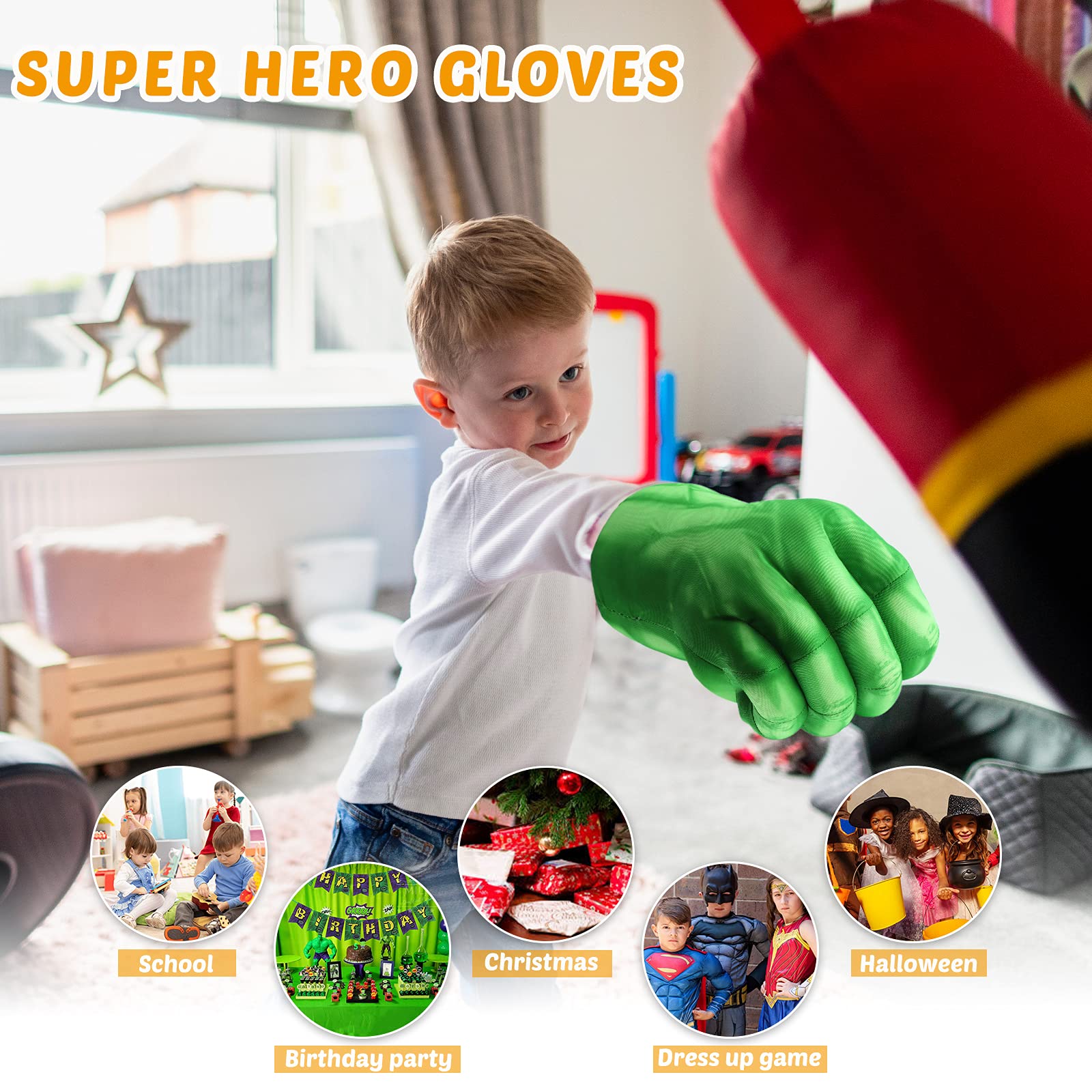 XYMTOY gloves at a dress up party highlighting festive hero styling