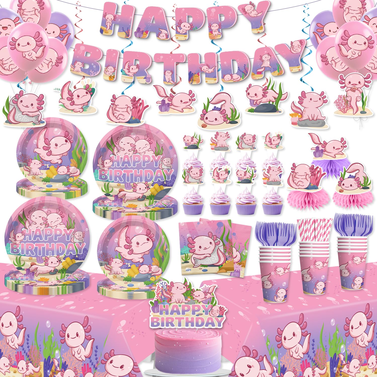 Xynic Axolotl birthday banner enhances party decor and photos.