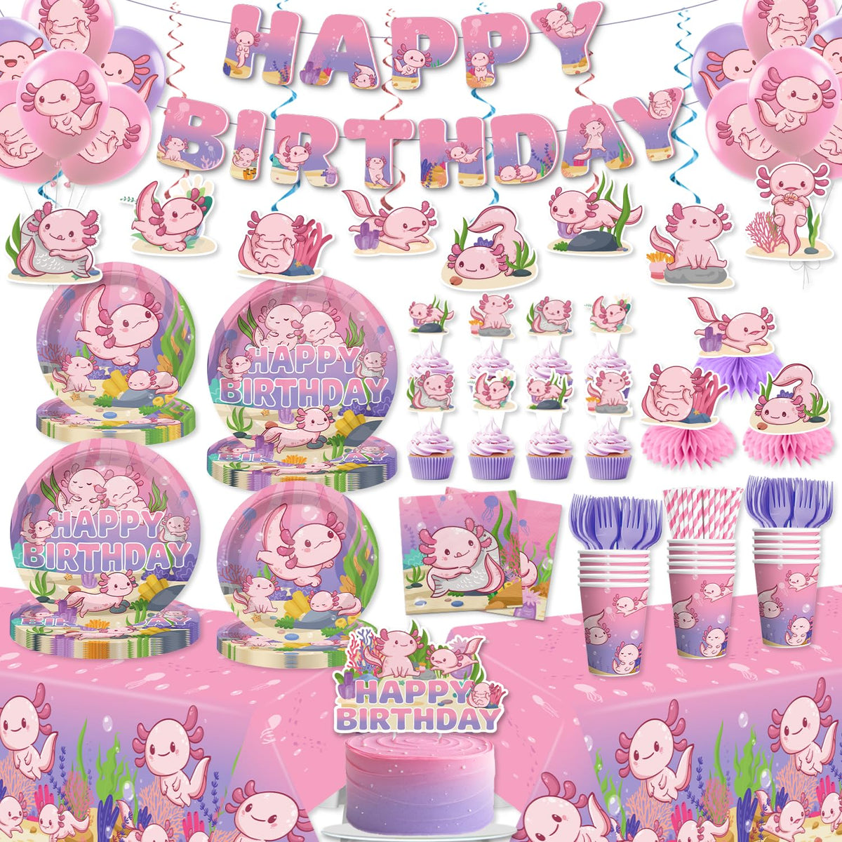 Xynic Axolotl birthday banner enhances party decor and photos.