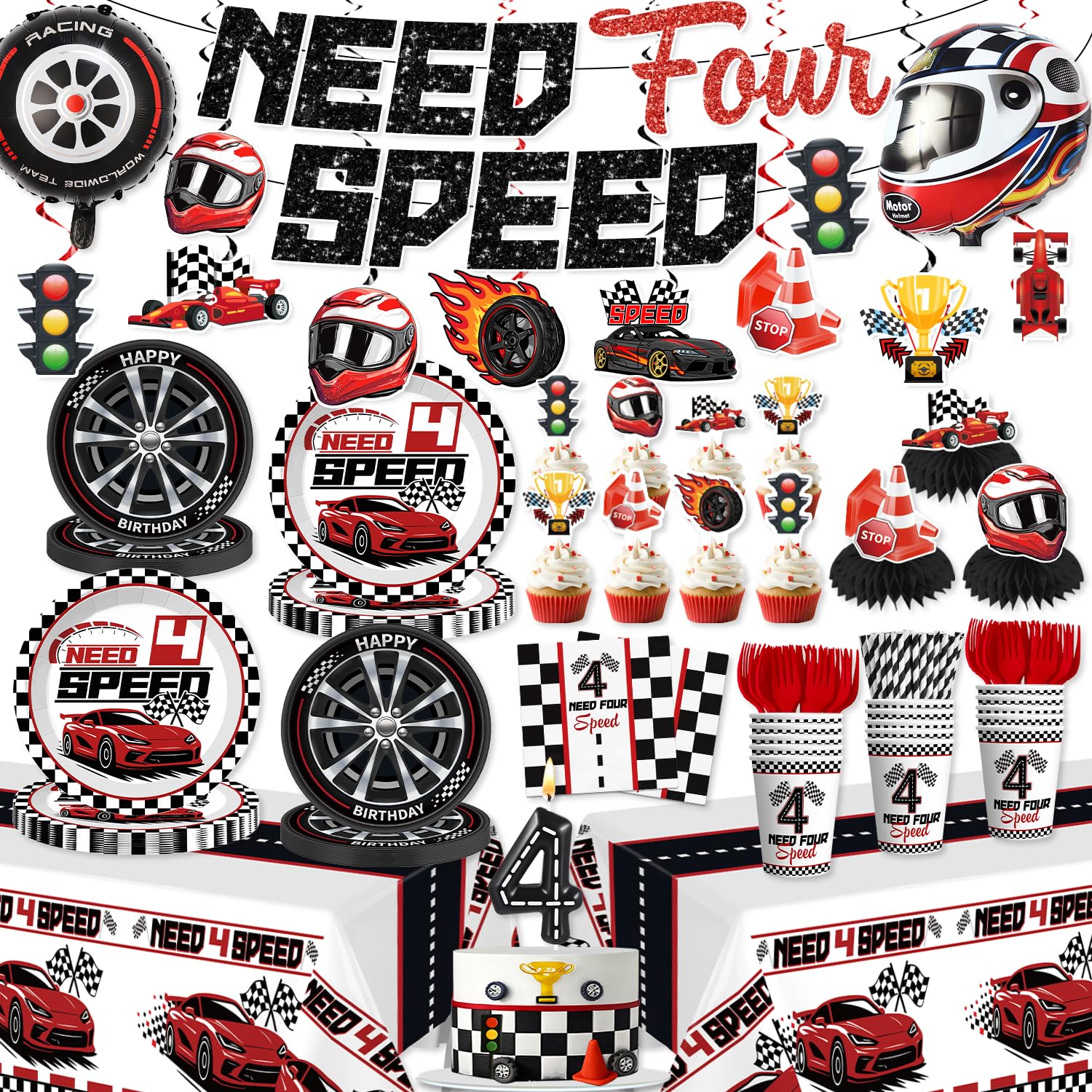 Xynic Need Four Speed banner brightens birthday decor with bold, race-themed flair.