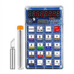 XYTJDZSM Soldering Practice Kit on display case shows transparent circuitry for hands-on learning