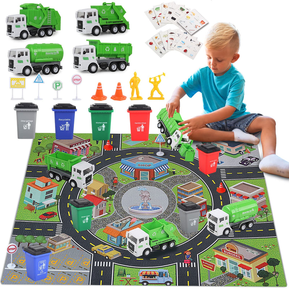 Y.L. DOYMX toy garbage truck on colorful play mat for imaginative sorting play
