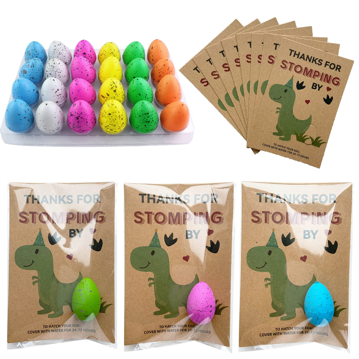 Y_Bong dinosaur eggs pack with colorful cards for kids' party favors.